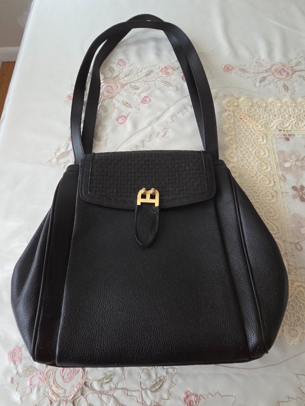 Vintage Bally Black Shoulder Tote with Weave Flap